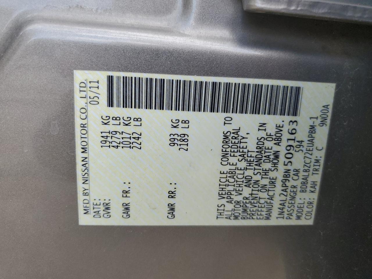 2011 Nissan Altima Base VIN: 1N4AL2AP9BN509163 Lot: 62666155