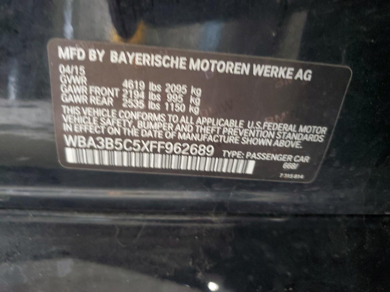 2015 BMW 328 Xi Sulev VIN: WBA3B5C5XFF962689 Lot: 59734105