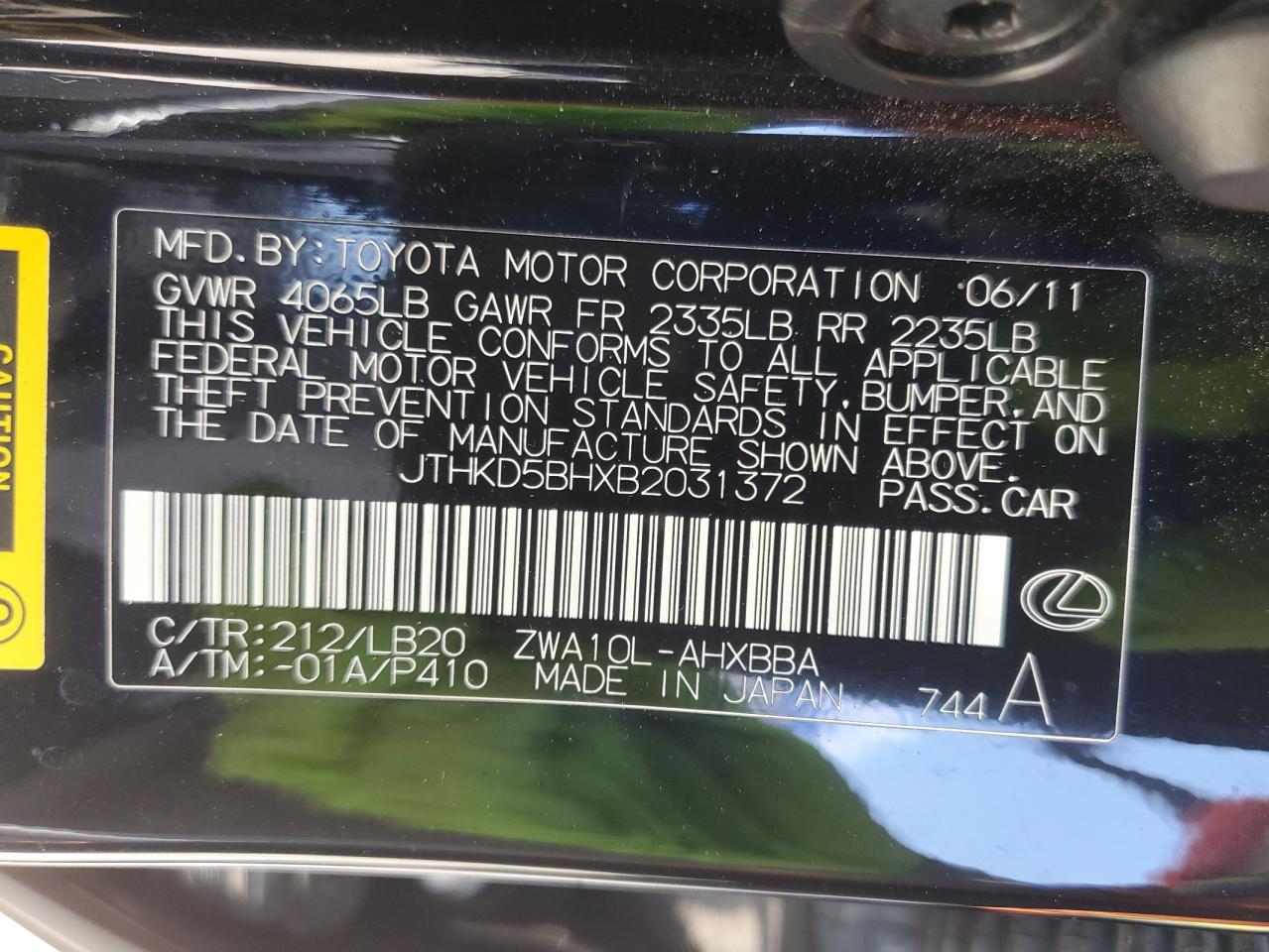 2011 Lexus Ct 200 VIN: JTHKD5BHXB2031372 Lot: 61328825