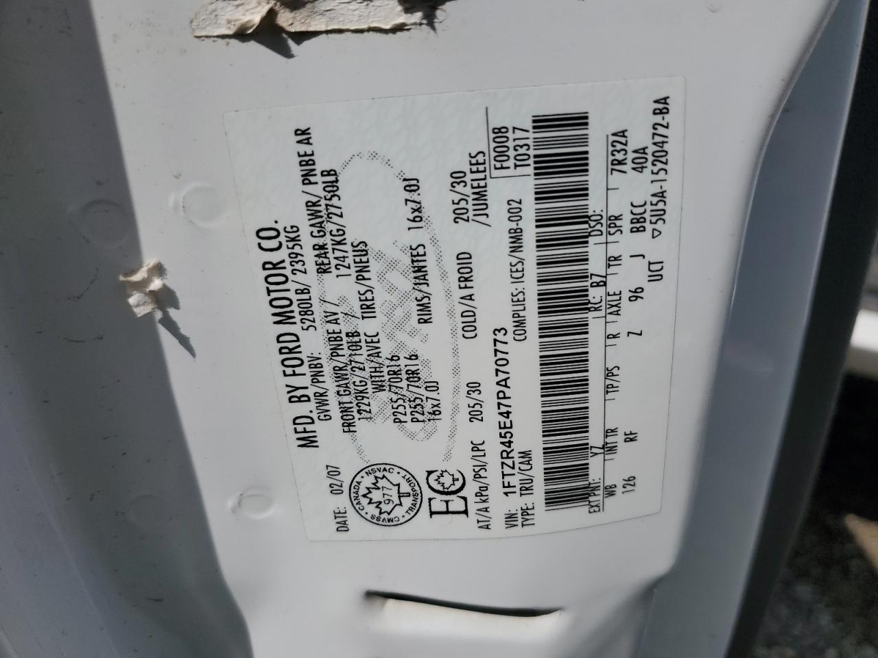 2007 Ford Ranger Super Cab VIN: 1FTZR45E47PA70773 Lot: 61796885