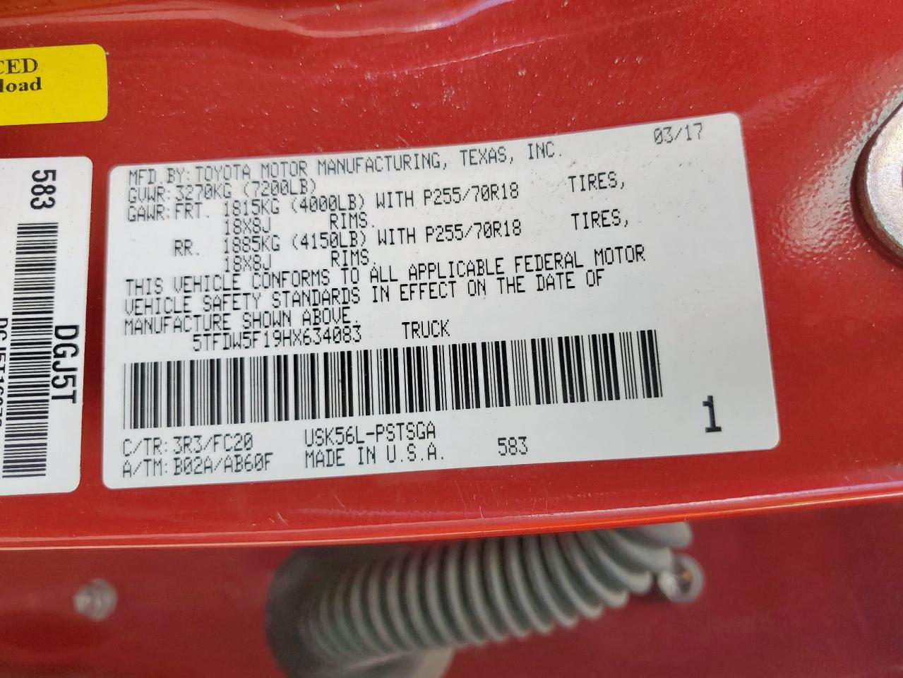 TOYOTA TUNDRA 2017 VIN 5TFDW5F19HX634083 photo 12