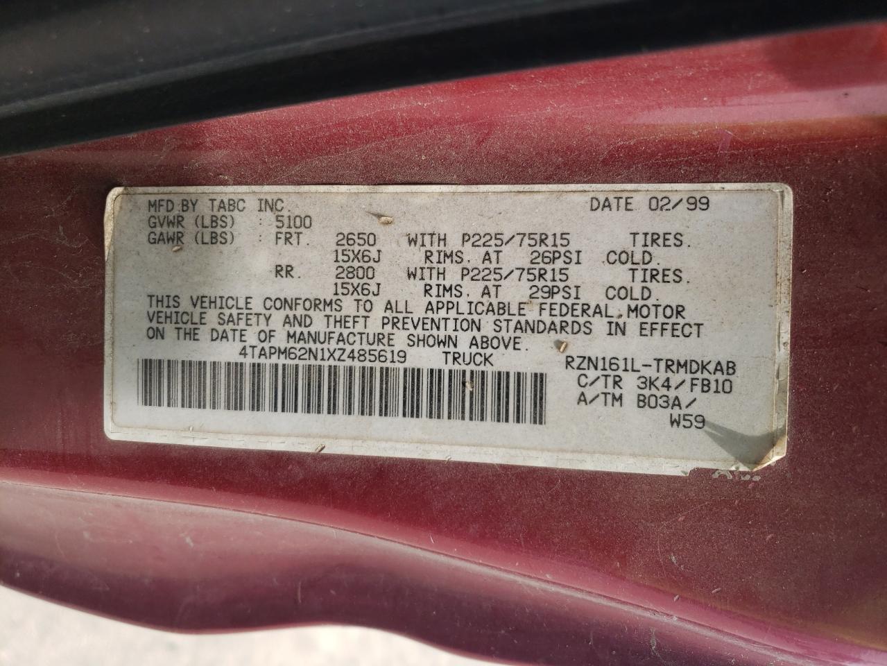 1999 Toyota Tacoma VIN: 4TAPM62N1XZ485619 Lot: 61104245