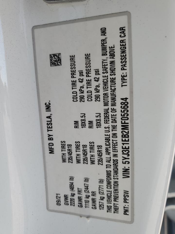 2021 Tesla Model 3 VIN: 5YJ3E1EB2MF055684 Lot: 61846975