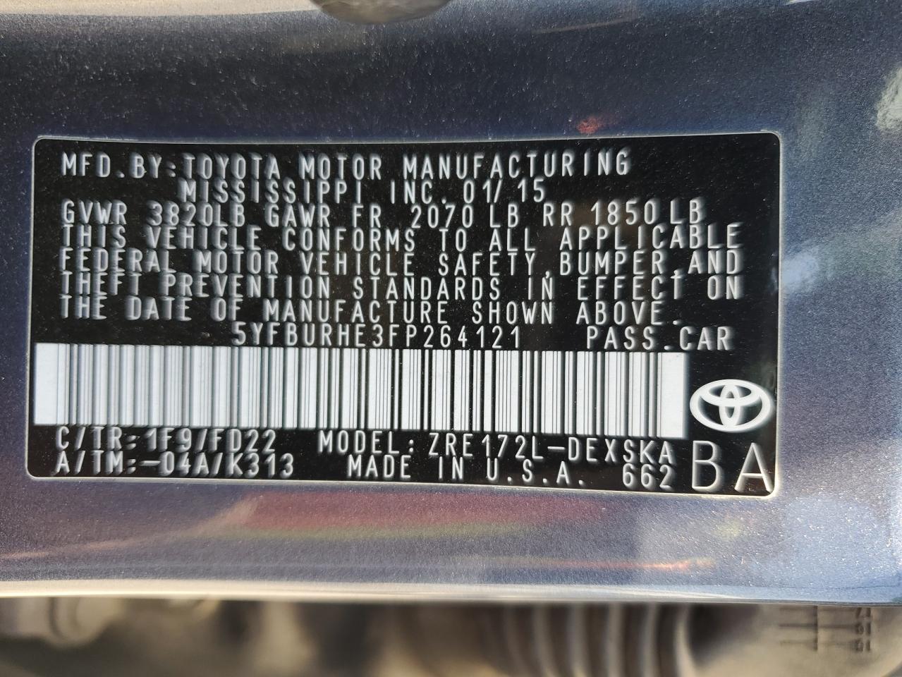 TOYOTA COROLLA 2015 VIN 5YFBURHE3FP264121 photo 12