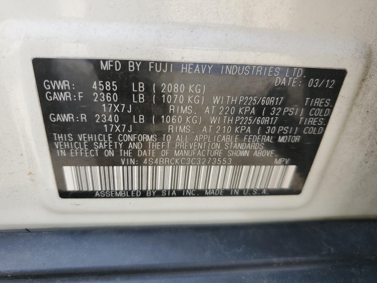 2012 Subaru Outback 2.5I Limited VIN: 4S4BRCKC3C3273553 Lot: 66701215