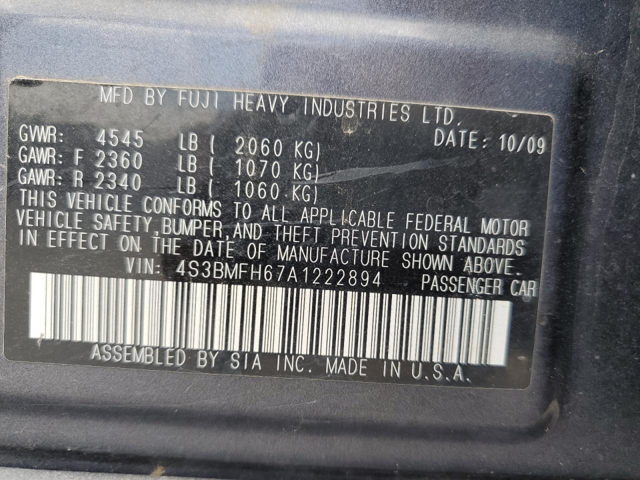 2010 Subaru Legacy 2.5Gt Premium VIN: 4S3BMFH67A1222894 Lot: 61879525