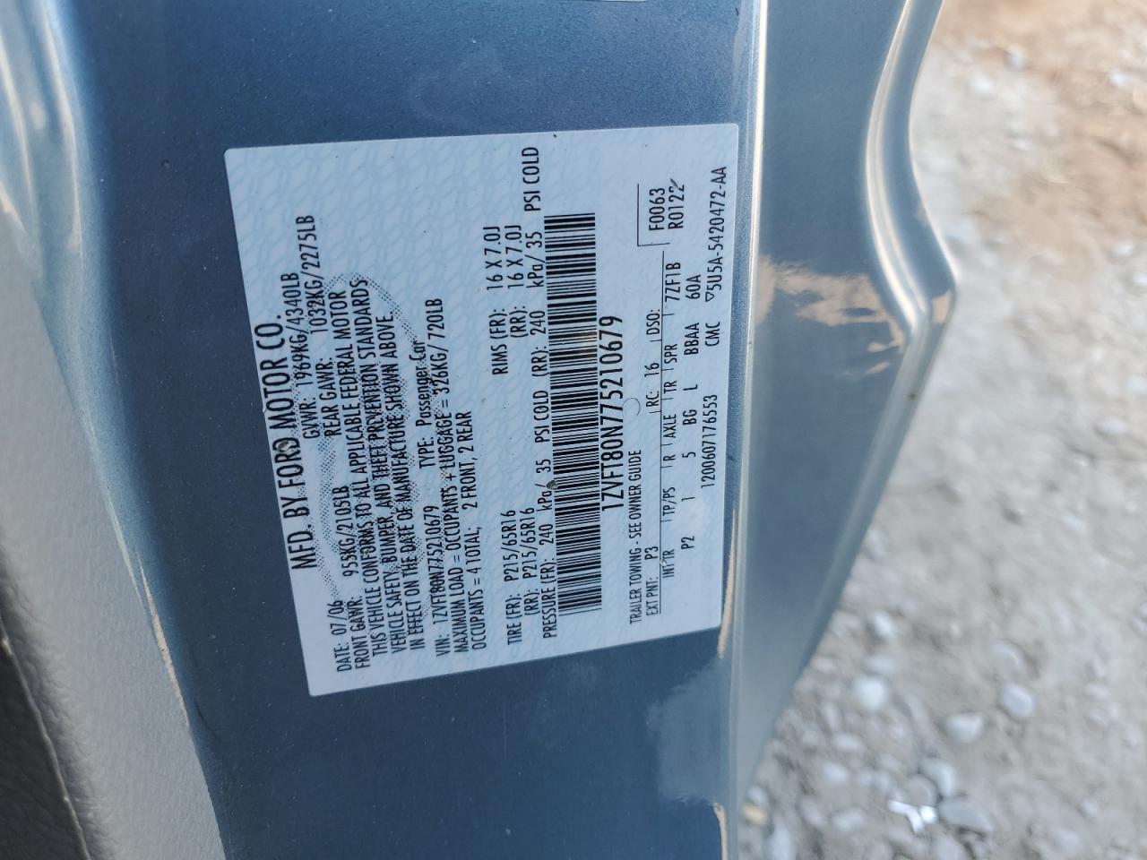 2007 Ford Mustang VIN: 1ZVFT80N775210679 Lot: 62222045