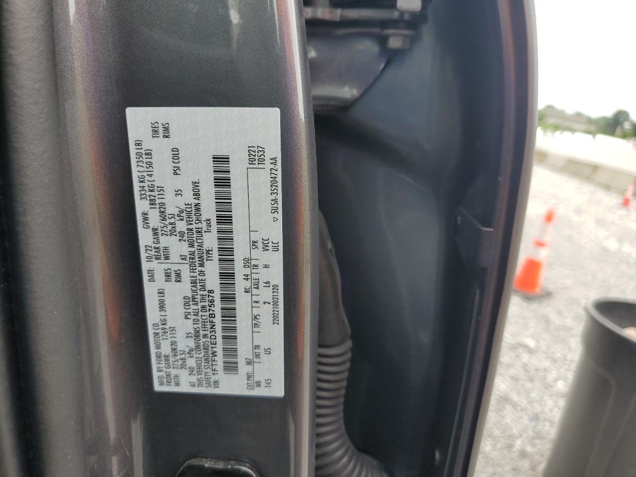2022 Ford F150 Supercrew VIN: 1FTFW1ED3NFB75678 Lot: 60834005