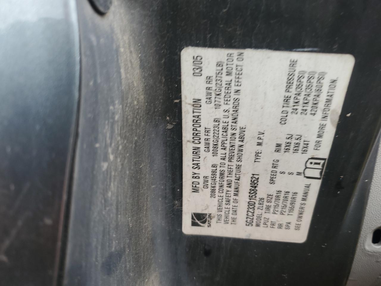 2005 Saturn Vue VIN: 5GZCZ33D15S849521 Lot: 61327075