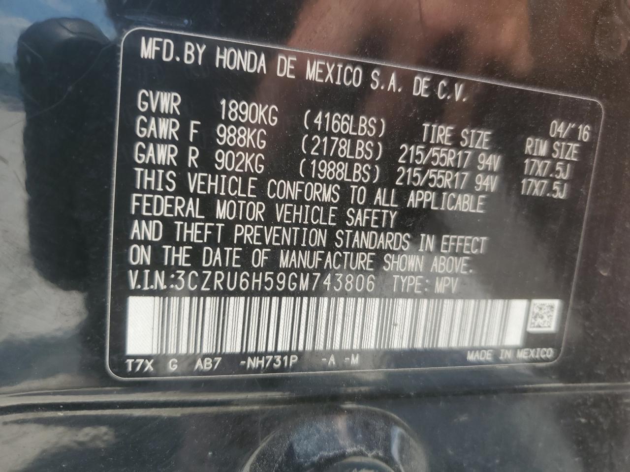 2016 Honda Hr-V Ex VIN: 3CZRU6H59GM743806 Lot: 62590955