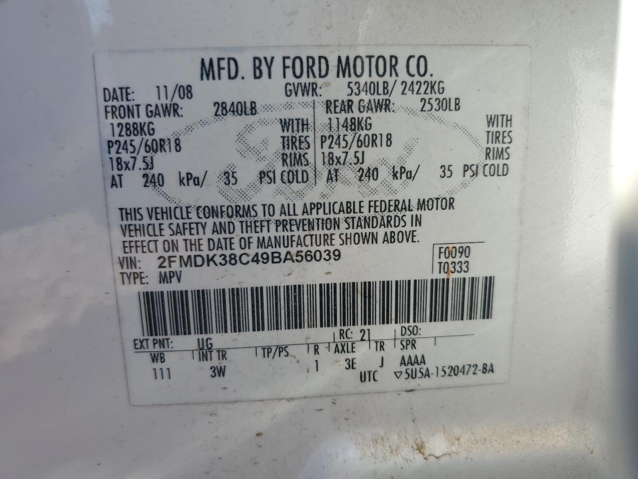 2009 Ford Edge Sel VIN: 2FMDK38C49BA56039 Lot: 60453045