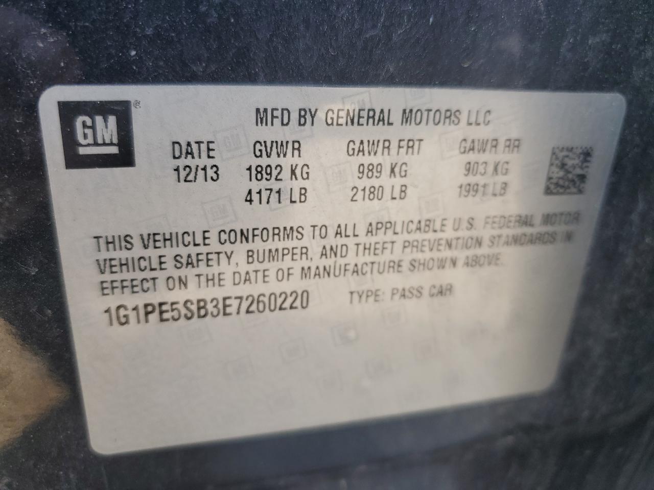 2014 Chevrolet Cruze Lt VIN: 1G1PE5SB3E7260220 Lot: 89453345