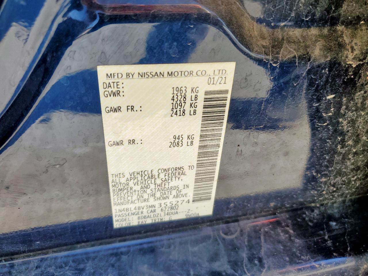 2021 Nissan Altima S VIN: 1N4BL4BV3MN355274 Lot: 59625125
