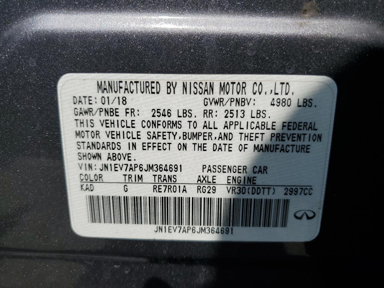 2018 Infiniti Q50 Luxe VIN: JN1EV7AP6JM364691 Lot: 61680685
