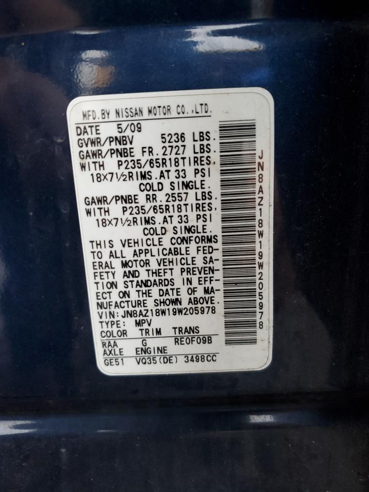 2009 Nissan Murano S VIN: JN8AZ18W19W205978 Lot: 61021805