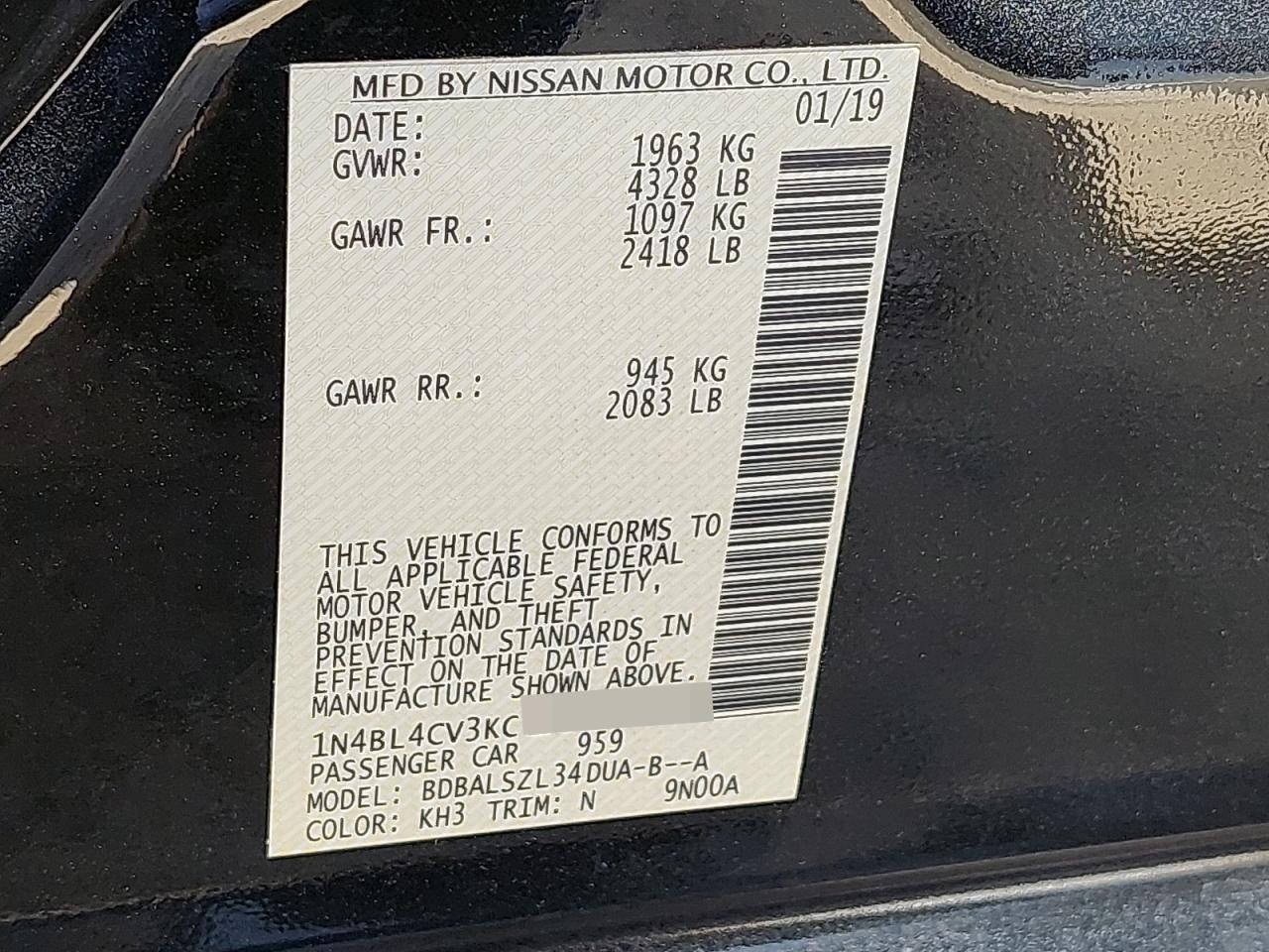 1N4BL4CV3KC183965 - 2019 Nissan ALTIMA - #58450655