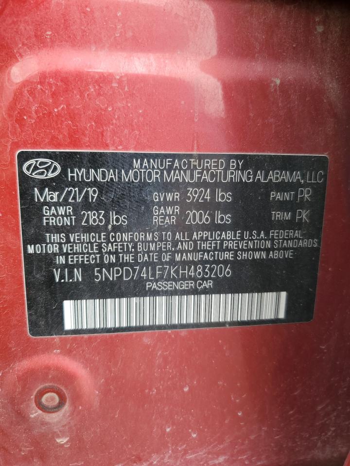 2019 Hyundai Elantra Se VIN: 5NPD74LF7KH483206 Lot: 61682845
