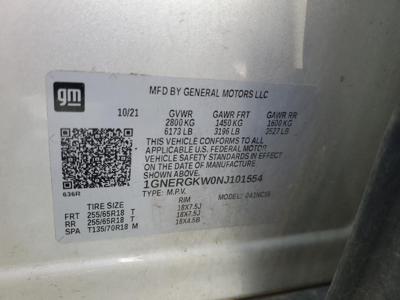 2022 Chevrolet Traverse Lt VIN: 1GNERGKW0NJ101554 Lot: 55500795