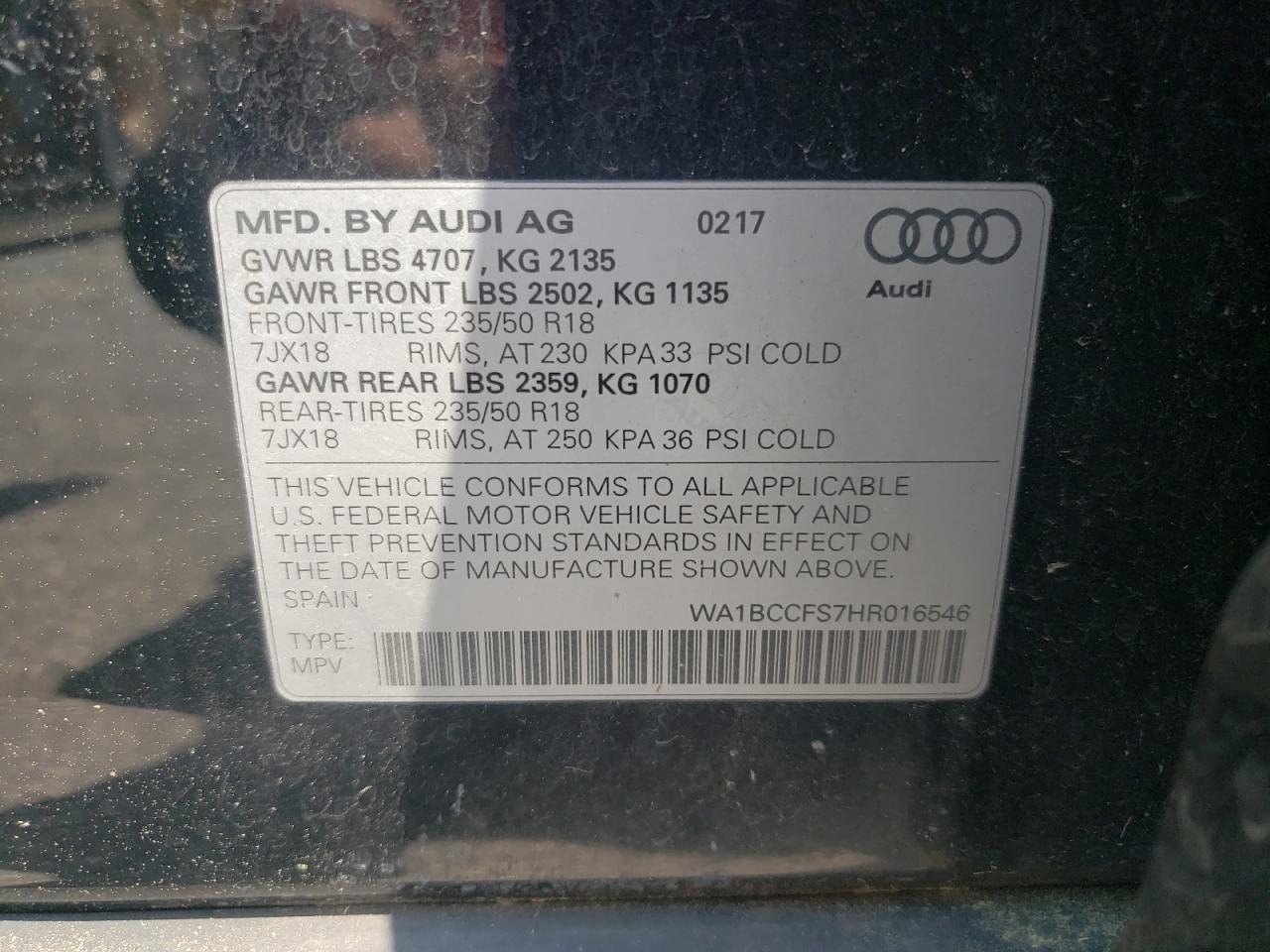 2017 Audi Q3 Premium VIN: WA1BCCFS7HR016546 Lot: 61943715