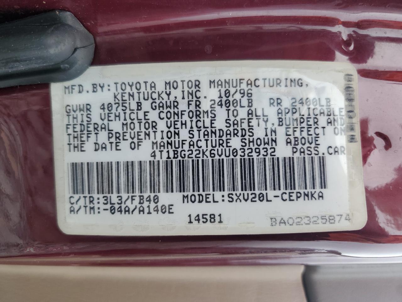 1997 Toyota Camry Ce VIN: 4T1BG22K6VU032932 Lot: 62952335