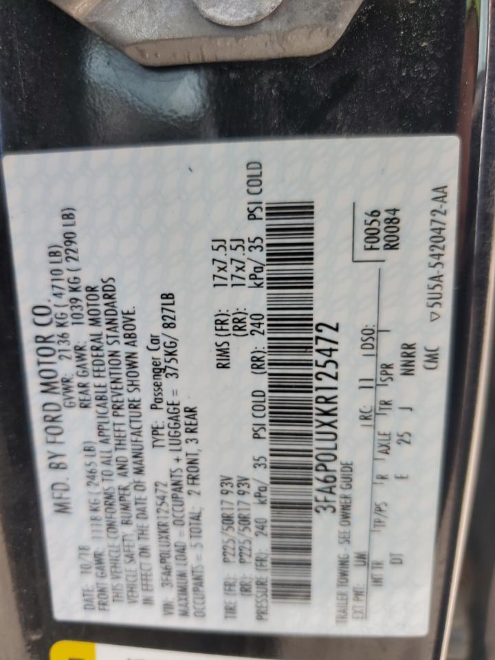 2019 Ford Fusion Se VIN: 3FA6P0LUXKR125472 Lot: 90211715