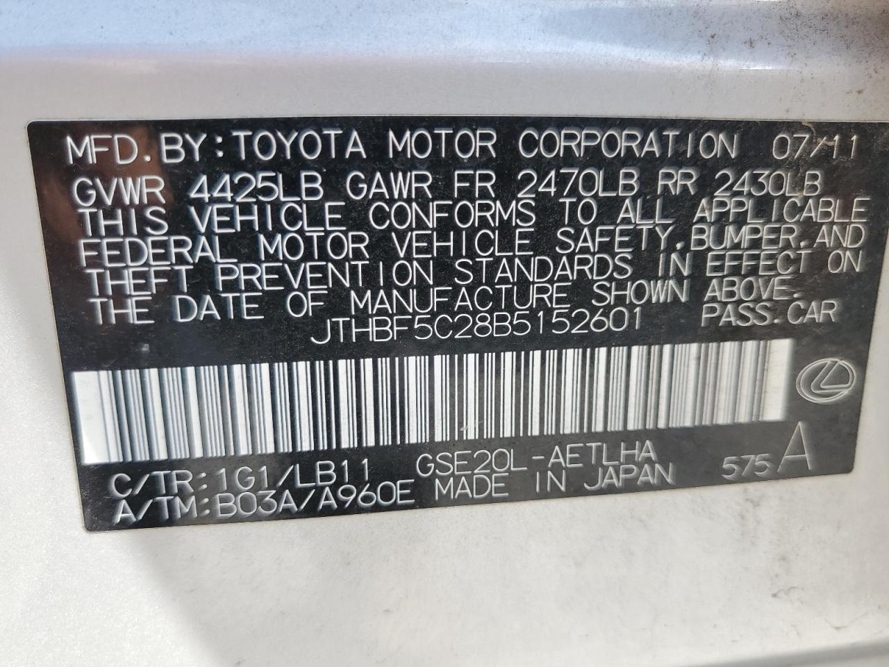 2011 Lexus Is 250 VIN: JTHBF5C28B5152601 Lot: 61553105