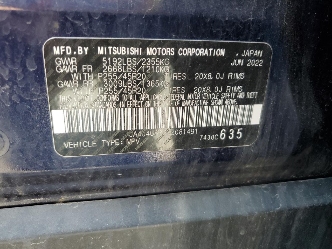 2022 Mitsubishi Outlander Se VIN: JA4J4UA86NZ081491 Lot: 62413045