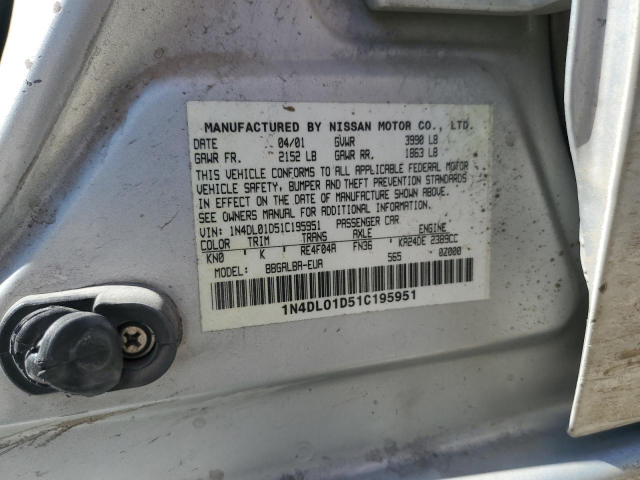 NISSAN ALTIMA 2001 VIN 1N4DL01D51C195951 фото 13