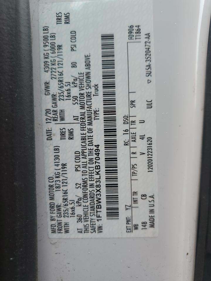 2020 Ford Transit T-350 VIN: 1FTBW3X83LKB70494 Lot: 61094585