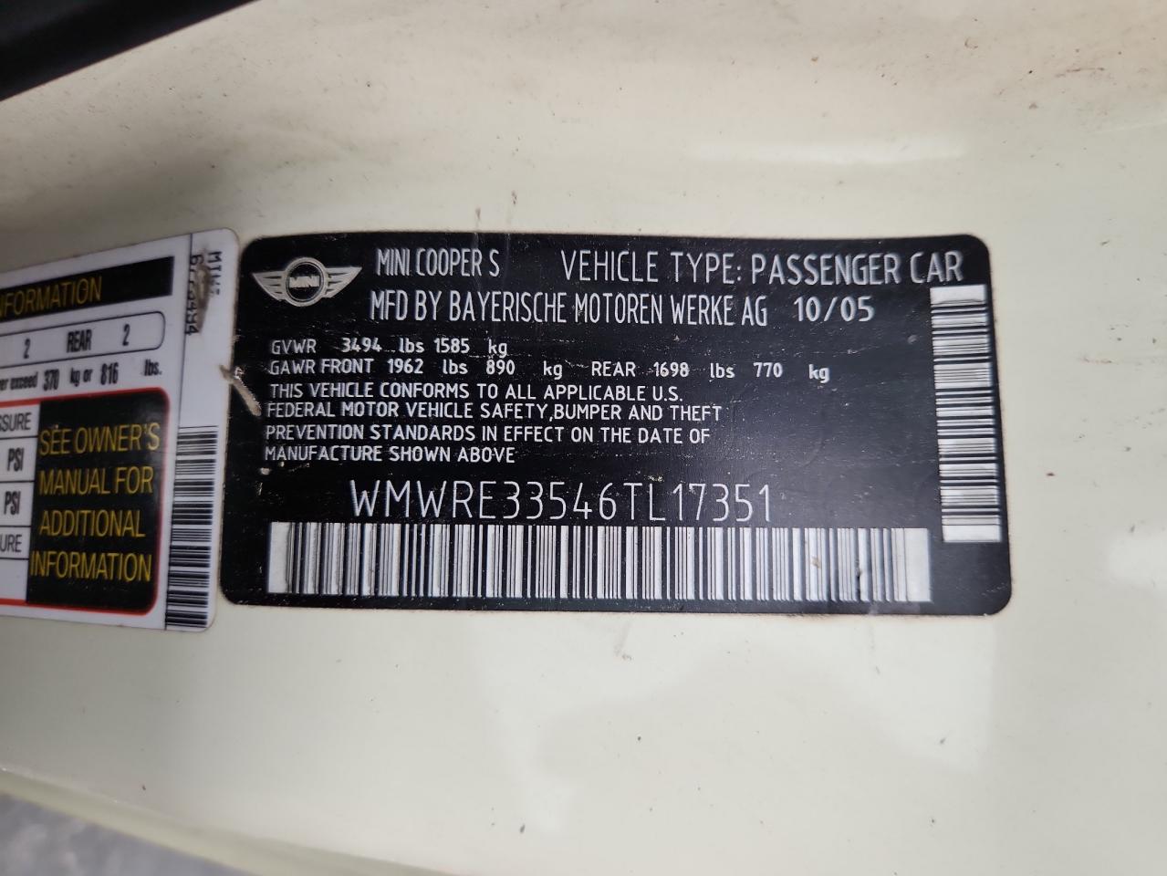 2006 Mini Cooper S VIN: WMWRE33546TL17351 Lot: 60483385
