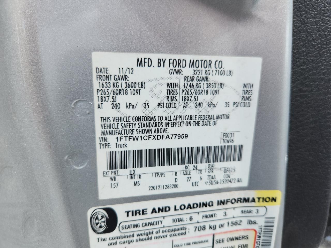 2013 Ford F150 Supercrew VIN: 1FTFW1CFXDFA77959 Lot: 62317545