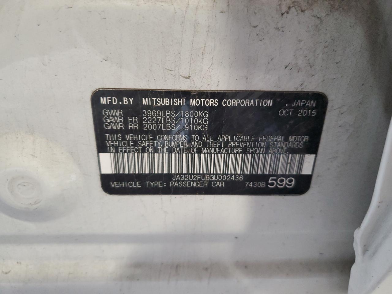2016 Mitsubishi Lancer Es VIN: JA32U2FU6GU002436 Lot: 59887695