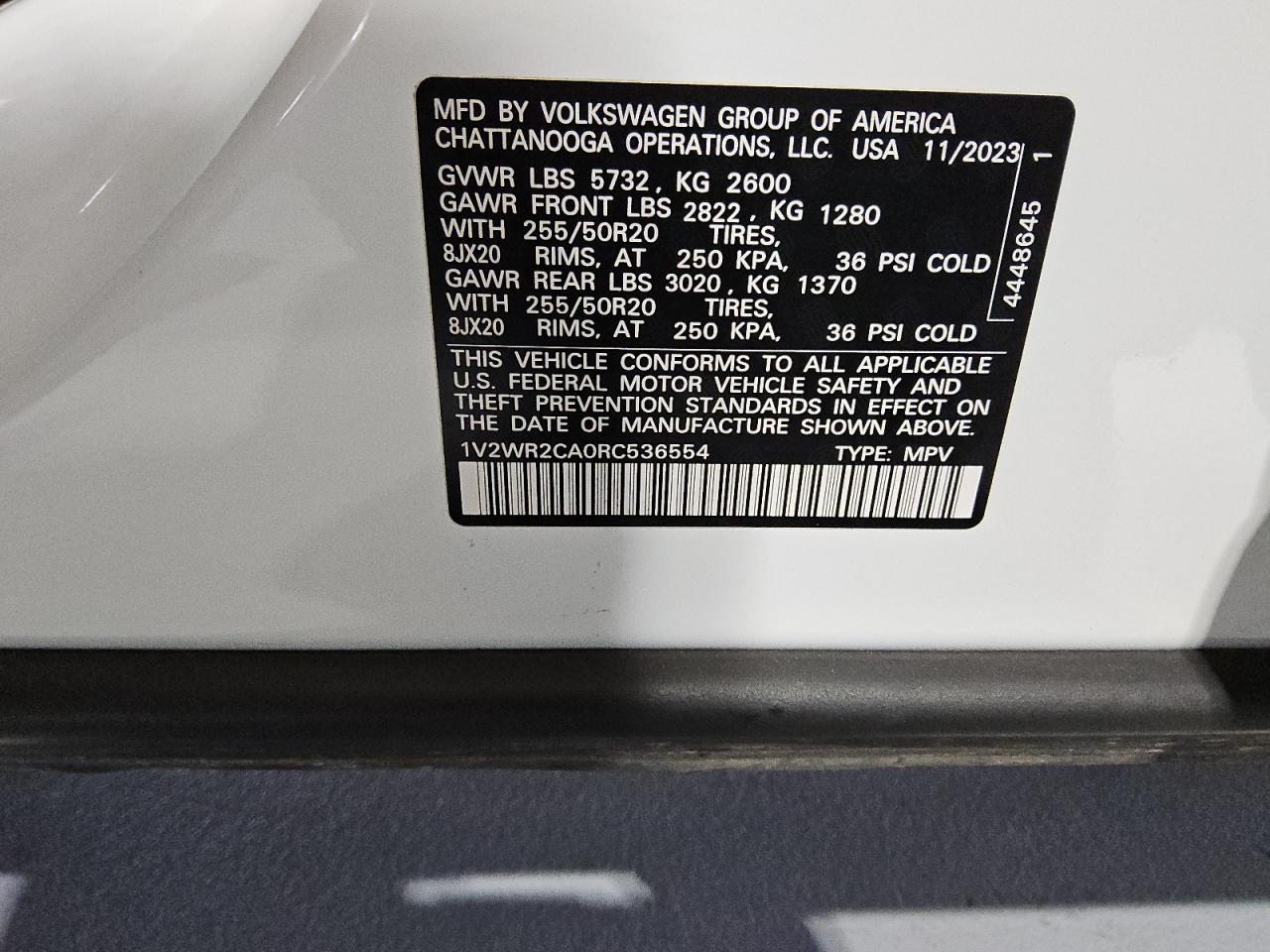 2024 Volkswagen Atlas Se VIN: 1V2WR2CA0RC536554 Lot: 61272315
