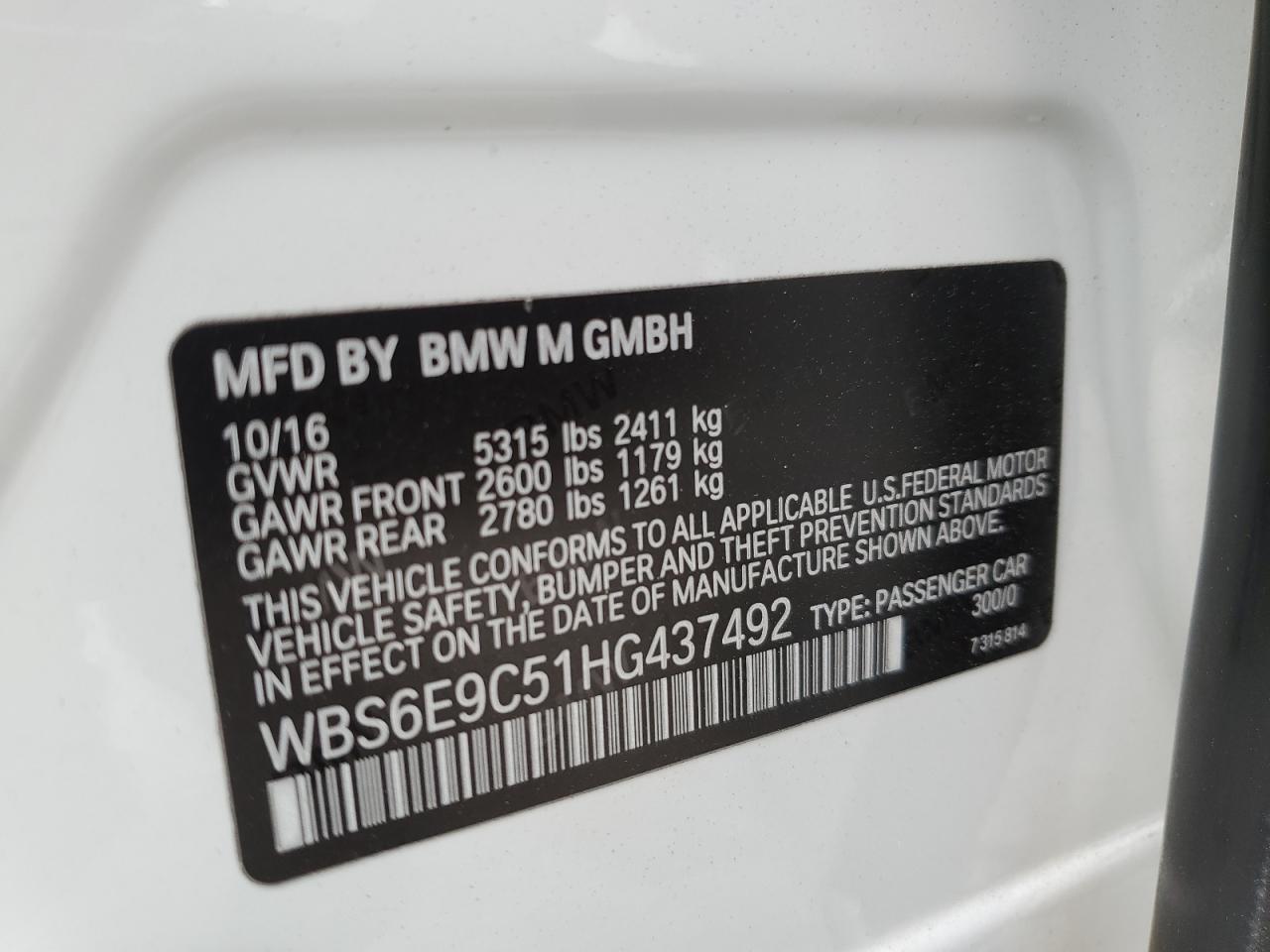 2017 BMW M6 Gran Coupe VIN: WBS6E9C51HG437492 Lot: 62424375