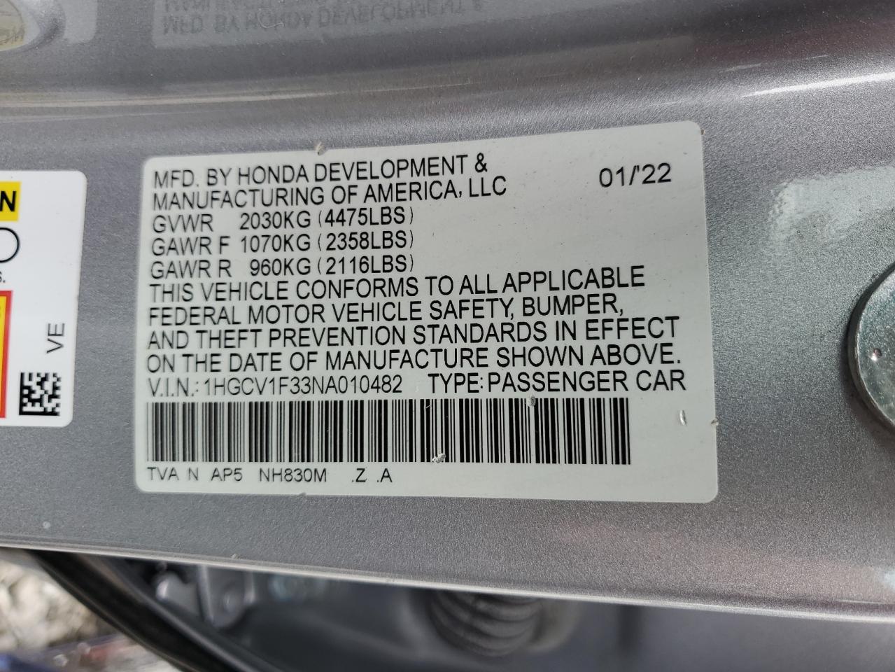 2022 Honda Accord Sport VIN: 1HGCV1F33NA010482 Lot: 61189775