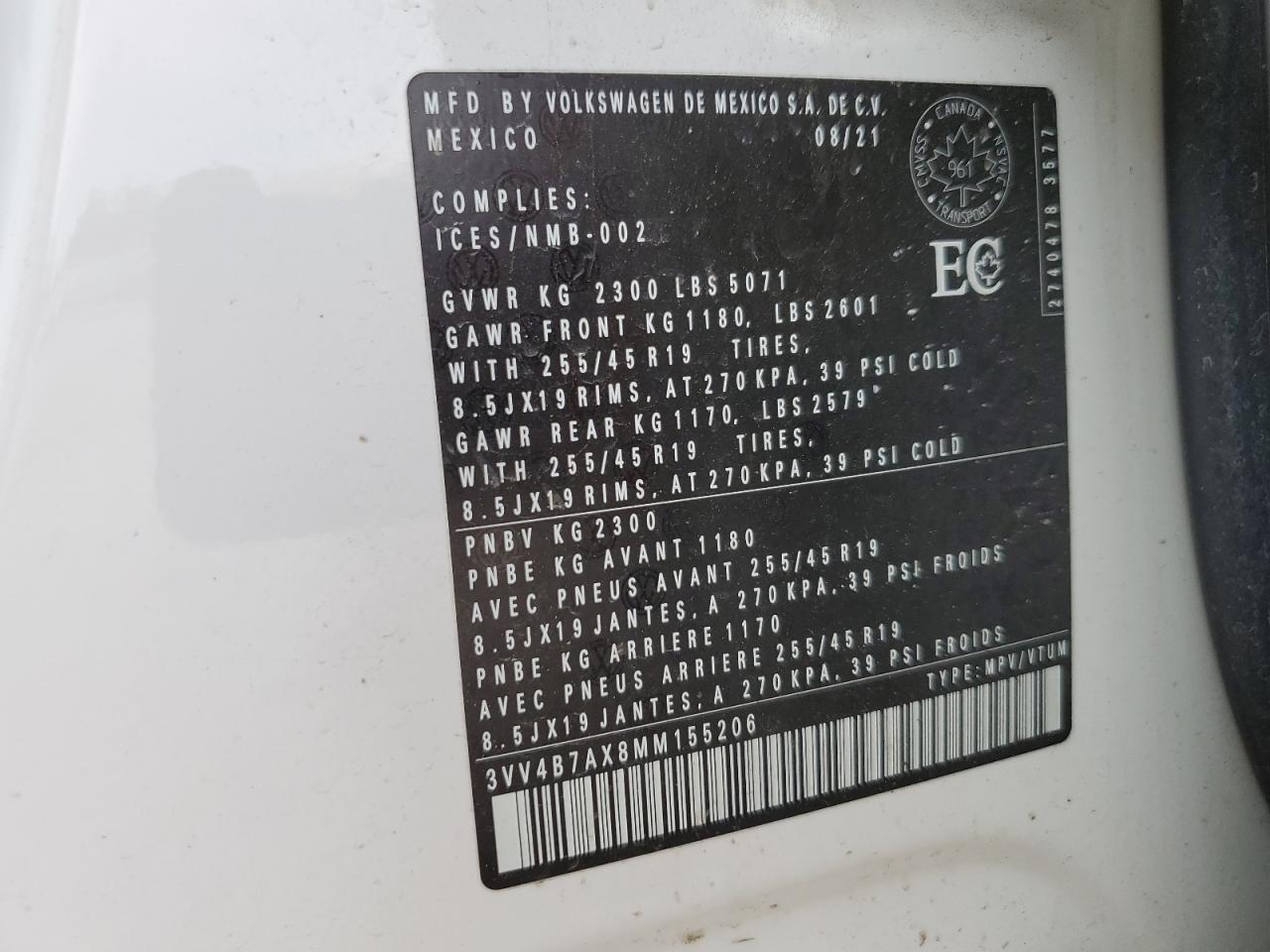 2021 Volkswagen Tiguan Sel Premium R-Line VIN: 3VV4B7AX8MM155206 Lot: 60686015