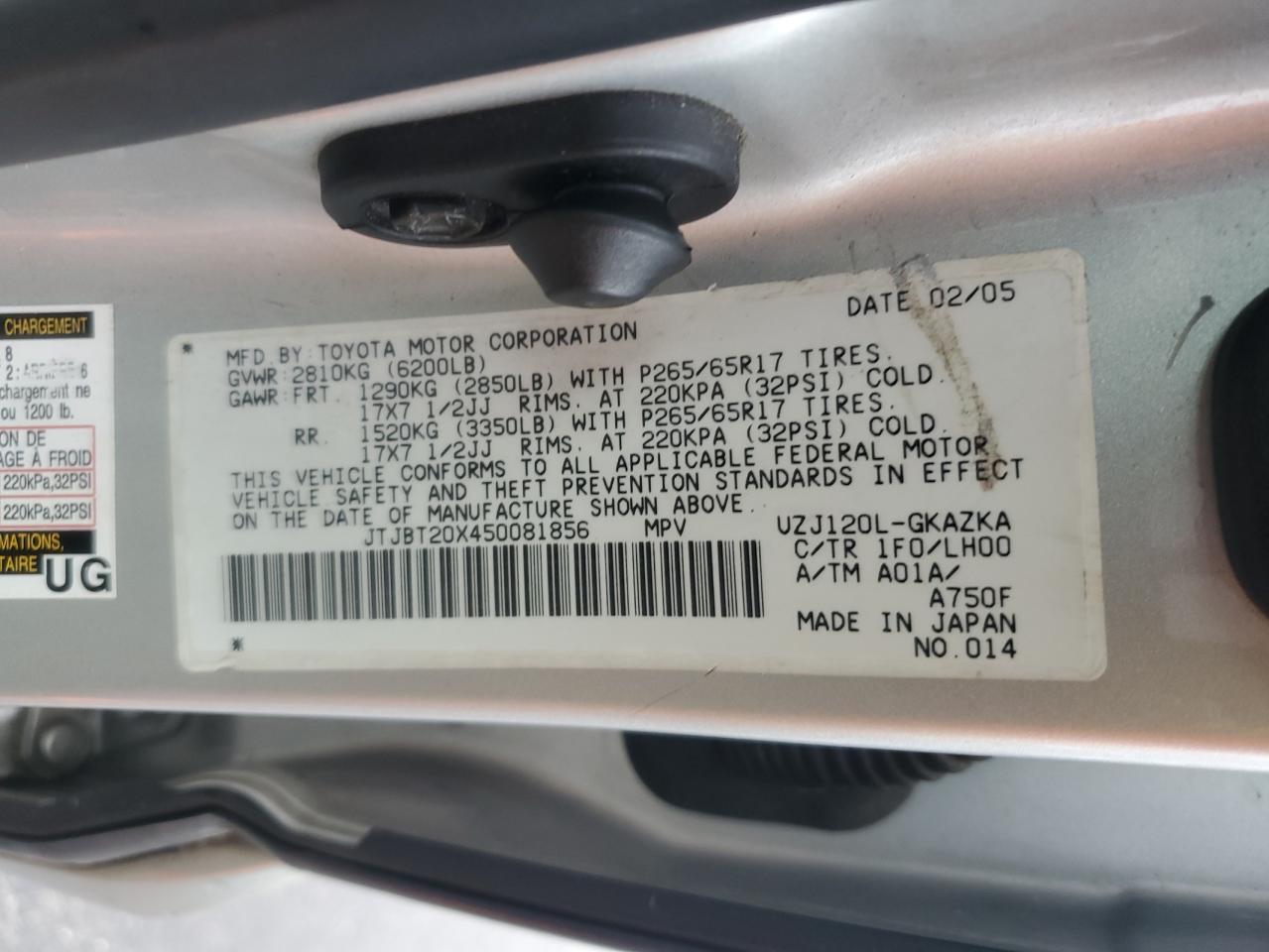 2005 Lexus Gx 470 VIN: JTJBT20X450081856 Lot: 60224015