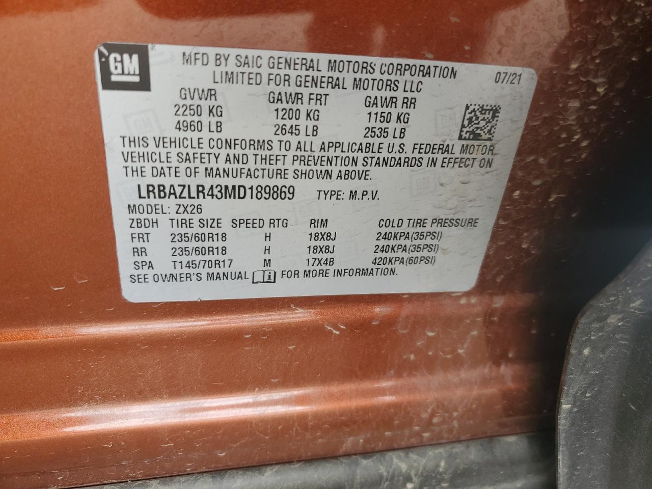 2021 Buick Envision Preferred VIN: LRBAZLR43MD189869 Lot: 59686005