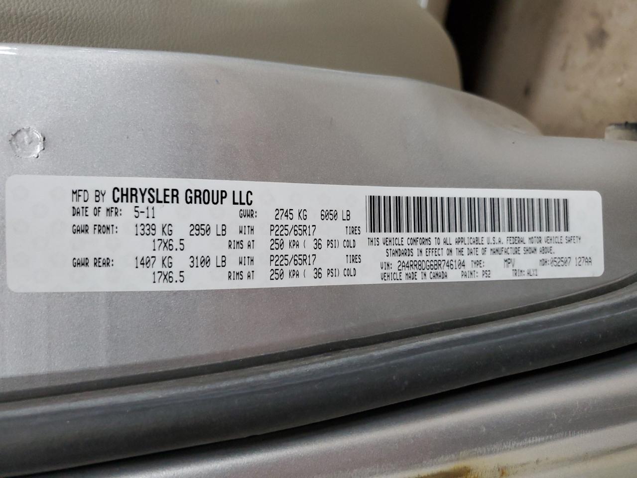2011 Chrysler Town & Country Touring L VIN: 2A4RR8DG6BR746104 Lot: 60655955