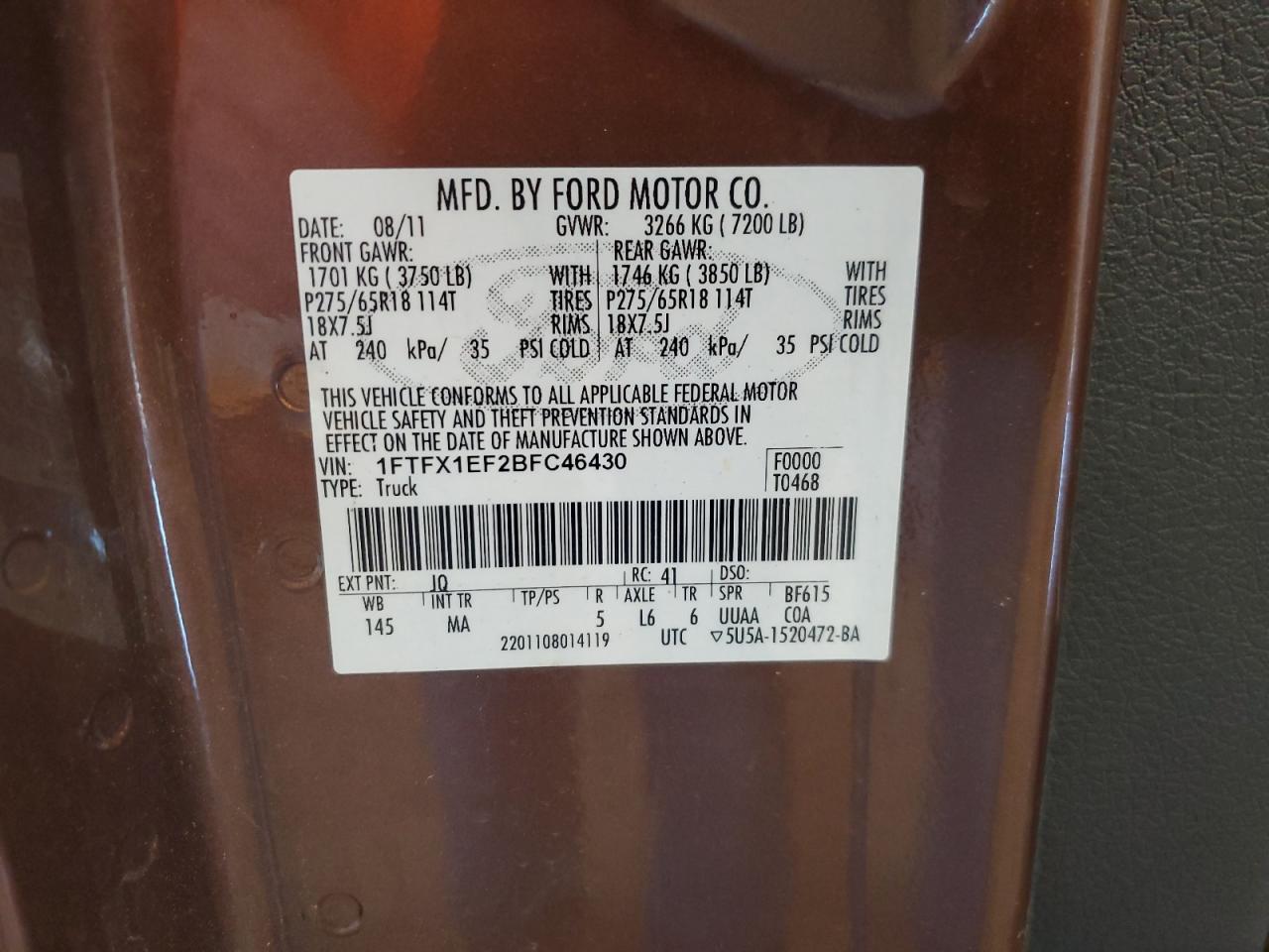 2011 Ford F150 Super Cab VIN: 1FTFX1EF2BFC46430 Lot: 61585565