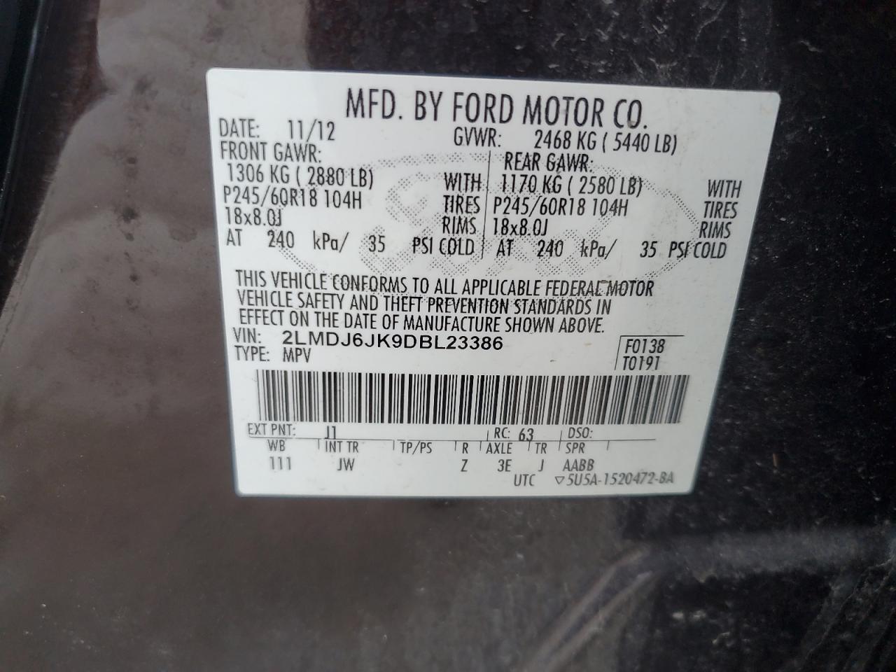 2013 Lincoln Mkx VIN: 2LMDJ6JK9DBL23386 Lot: 62518495