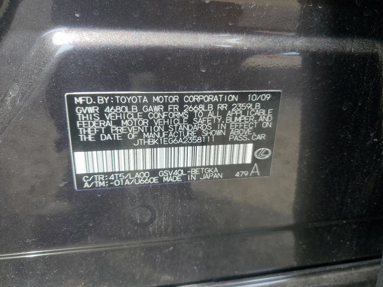 2010 Lexus Es 350 VIN: JTHBK1EG6A2358111 Lot: 62541005