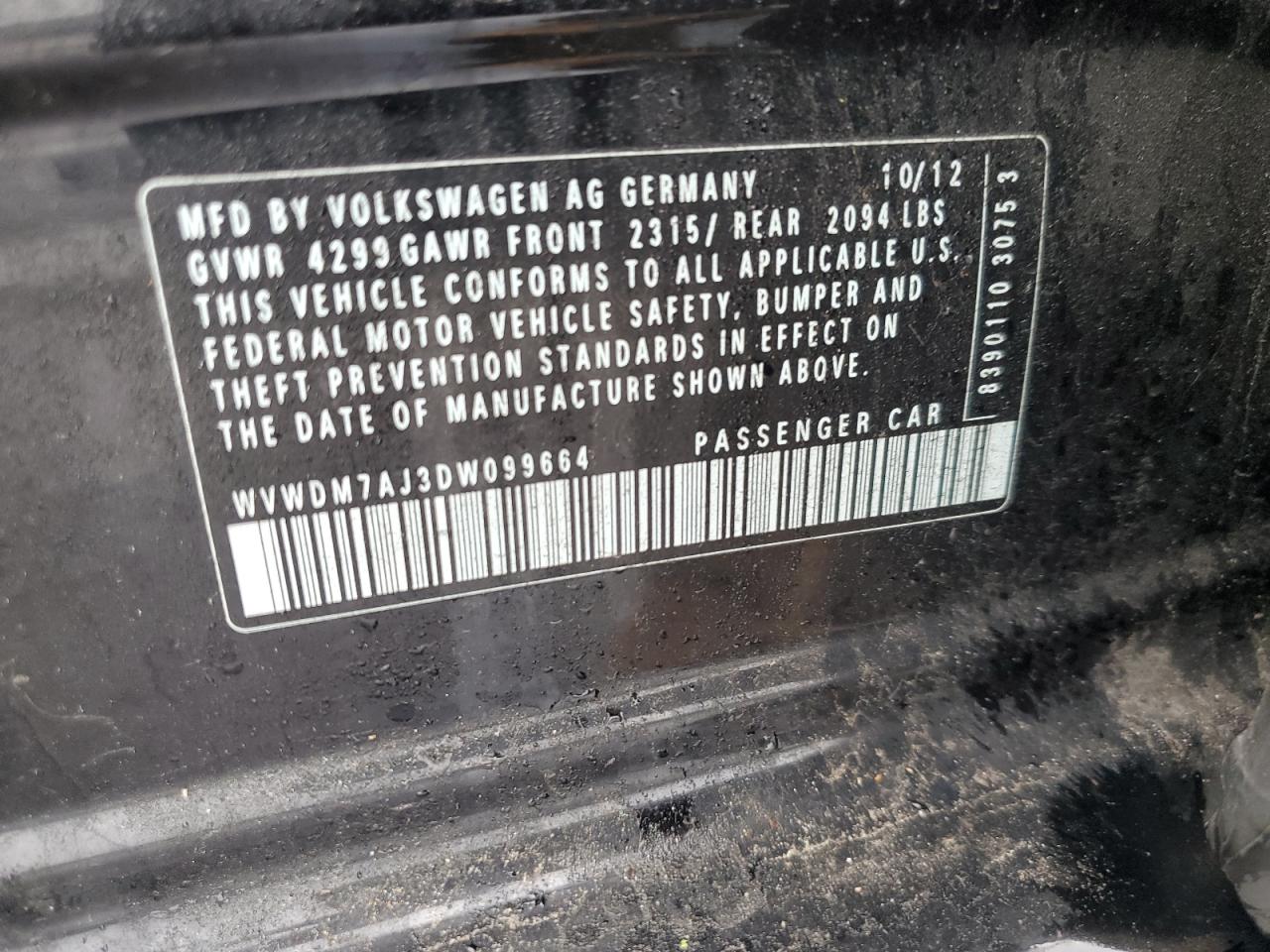2013 Volkswagen Golf VIN: WVWDM7AJ3DW099664 Lot: 61009415