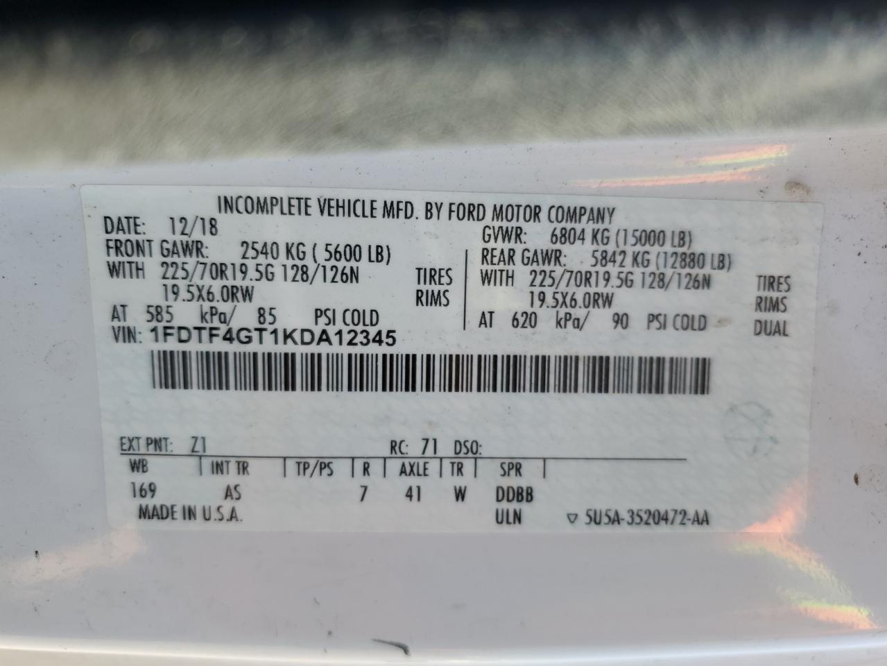2019 Ford F450 Super Duty VIN: 1FDTF4GT1KDA12345 Lot: 62136475