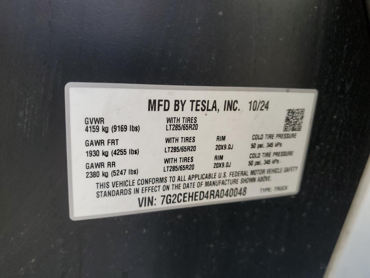 2024 Tesla Cybertruck VIN: 7G2CEHED4RA040048 Lot: 61394105
