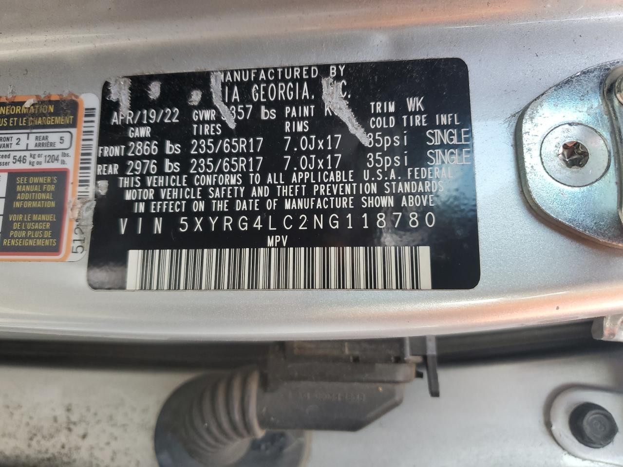 2022 Kia Sorento Lx VIN: 5XYRG4LC2NG118780 Lot: 59919985