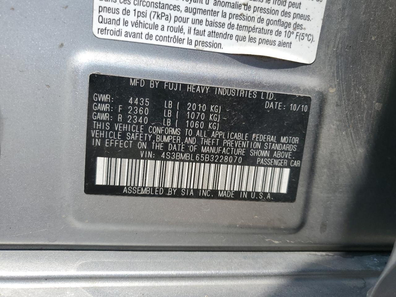 2011 Subaru Legacy 2.5I Limited VIN: 4S3BMBL65B3228070 Lot: 59597005