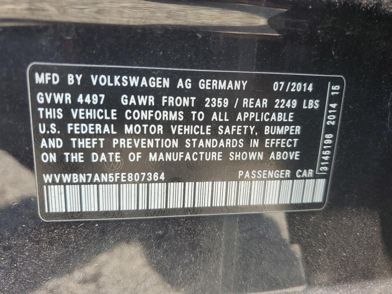 2015 Volkswagen Cc Sport VIN: WVWBN7AN5FE807364 Lot: 62386675