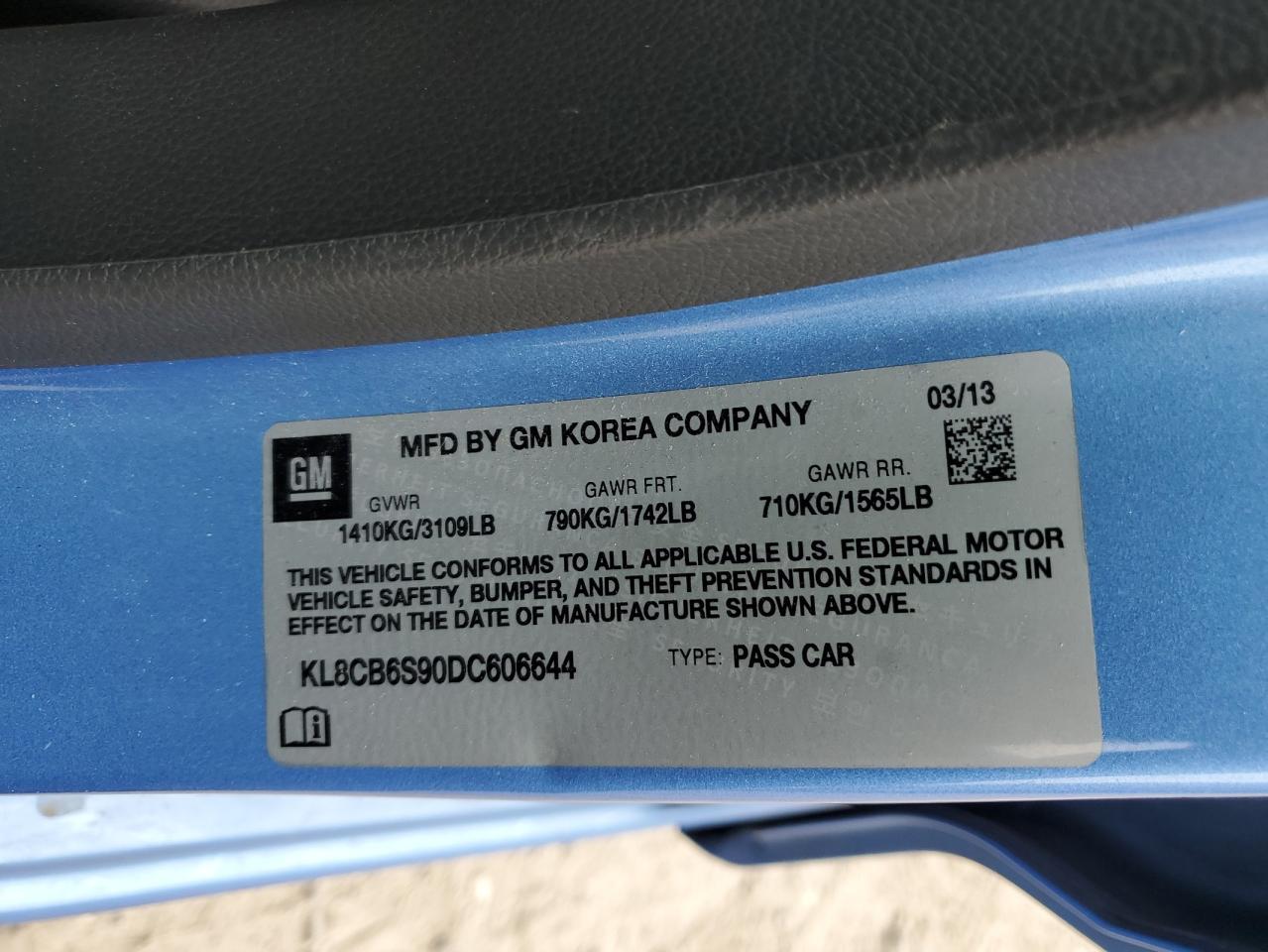 2013 Chevrolet Spark Ls VIN: KL8CB6S90DC606644 Lot: 59469445