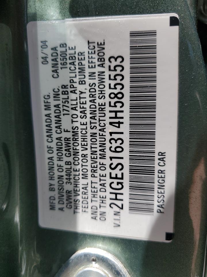 2004 Honda Civic Dx Vp VIN: 2HGES16314H585553 Lot: 62772915